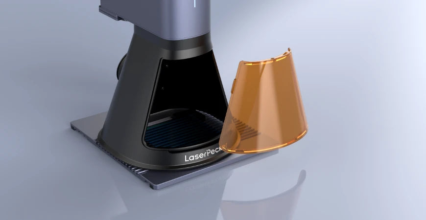 LaserPecker LP2 Plus featuring a Magnetic Front Filter with an auto-detect door sensor to minimize beam risks and maintain crisp visibility during laser engraving.