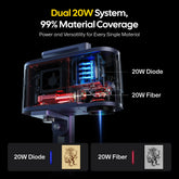 Cutaway view of a LaserPecker dual 20W laser engraver, showing both 20W diode and 20W fiber laser modules. The image highlights the machine's 99% material coverage, with examples of engraving on wood (diode) and metal (fiber).