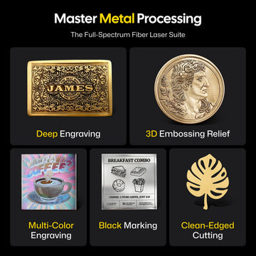 Product showcase of a fiber laser engraver's metal processing capabilities, featuring five key functions: deep engraving, 3D embossing relief, multi-color engraving, black marking, and clean-edged cutting.