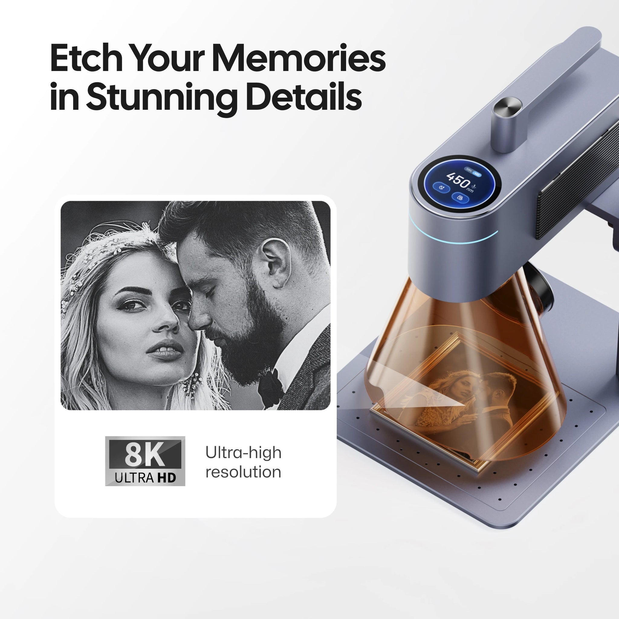 Graveur laser LaserPecker créant une gravure de portrait détaillée en 8K Ultra HD, avec le slogan « Grave tes souvenirs dans des détails époustouflants ».
