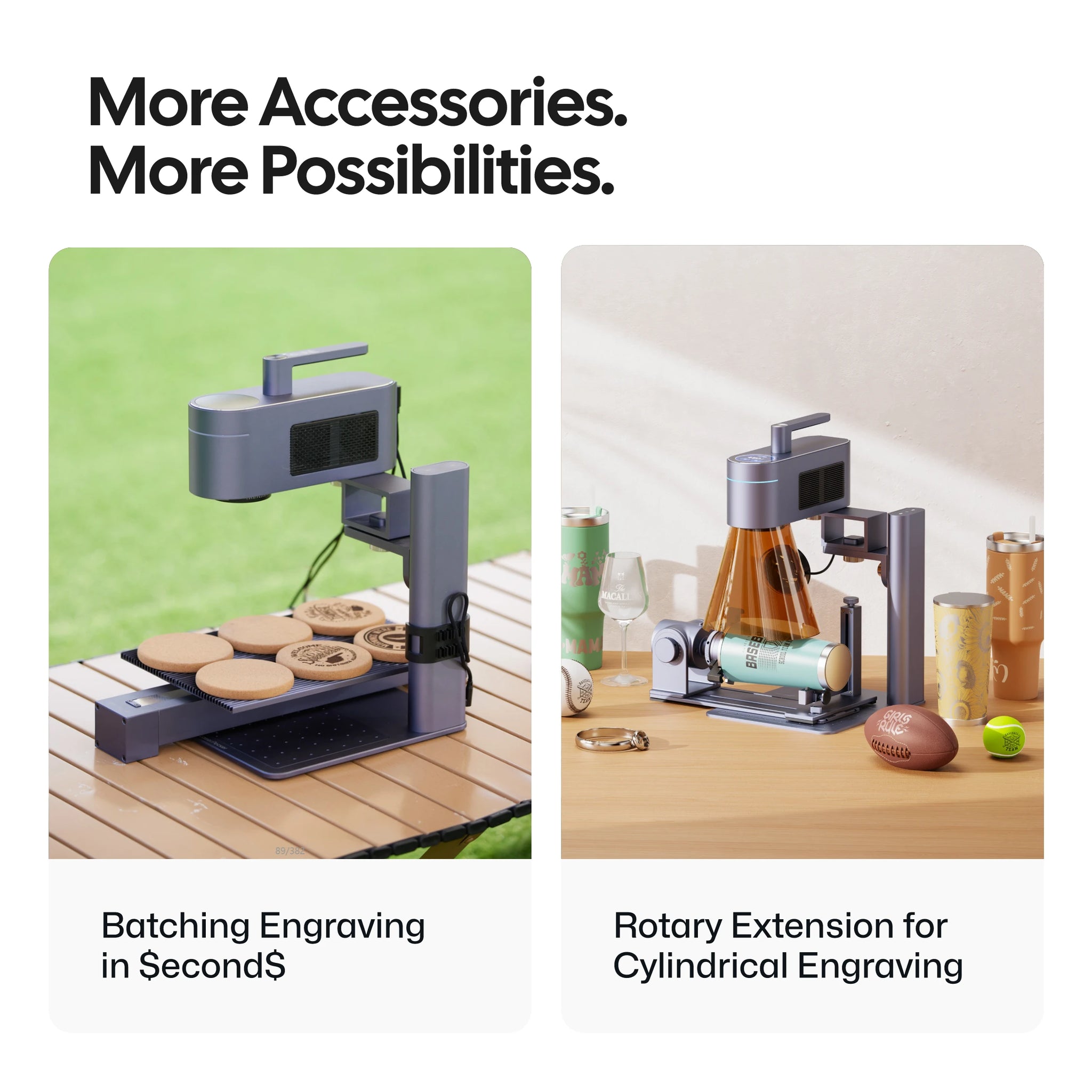 Présentation des accessoires du LaserPecker LP4, avec une Extension de glissière pour la production rapide de sous-verres et une Extension rotative pour la gravure cylindrique sur des tumbler et des balles, avec le slogan « Plus d'accessoires. Plus de possibilités. »