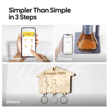 LaserPecker LP4 3-step workflow: Design via mobile app, focus the laser, and complete the project (e.g., a wooden key holder), with the slogan "Simpler Than Simple in 3 Steps".