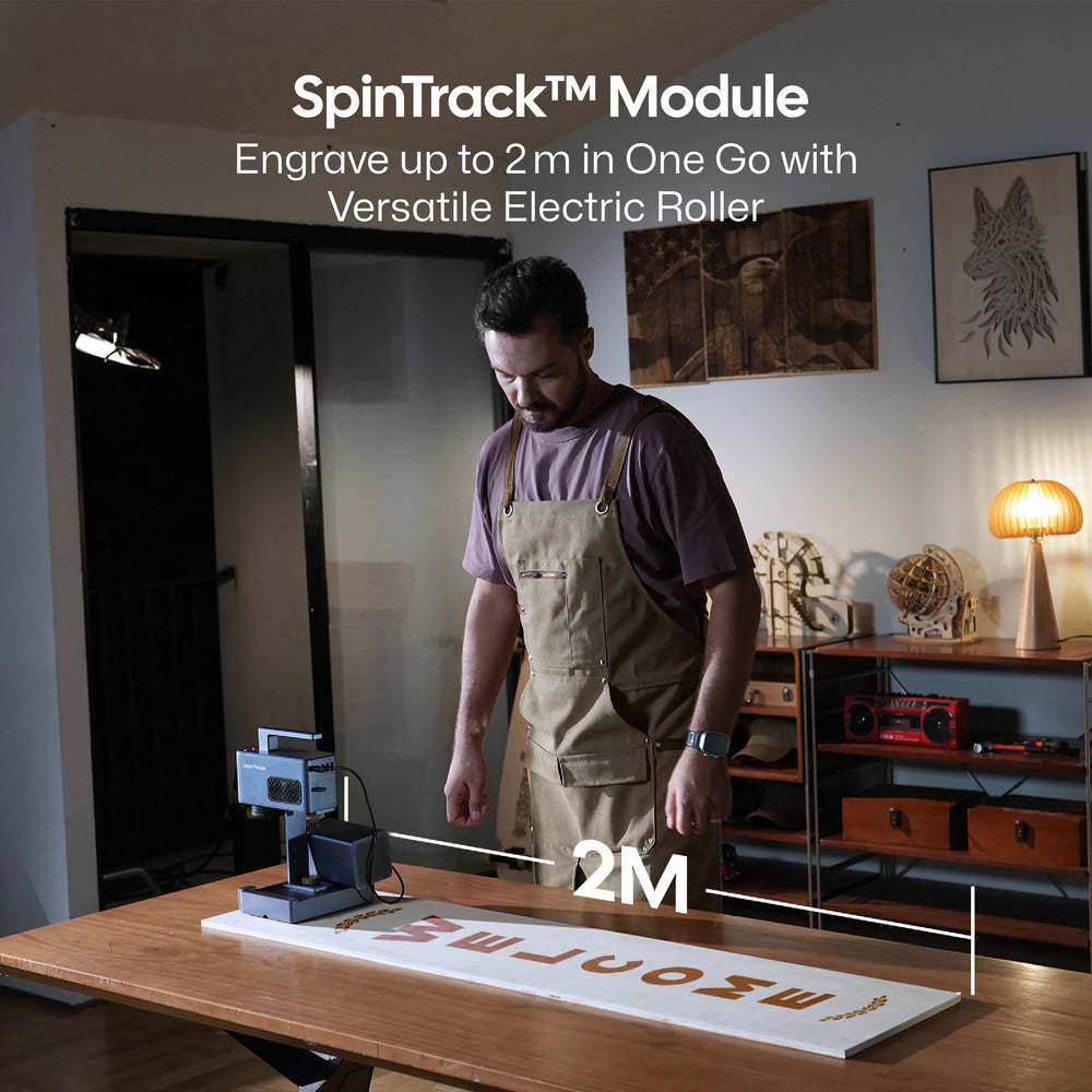 LaserPecker SpinTrack™ Module, featuring a versatile electric roller that enables engraving up to 2 meters in a single pass, demonstrated on a long wooden workpiece.