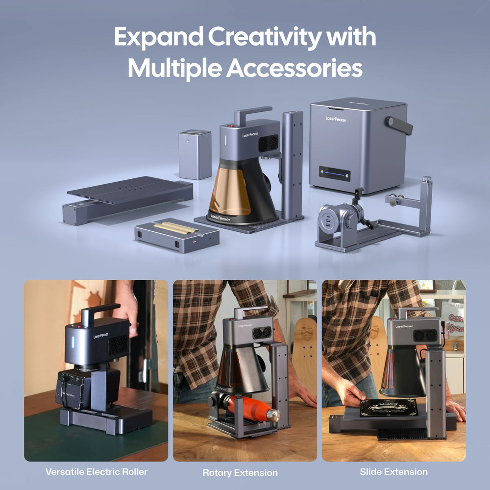 LaserPecker laser engraver ecosystem showcasing a full range of accessories, including a portable power bank, air purifier, rotary extension, slide extension, and versatile electric roller, with the slogan 