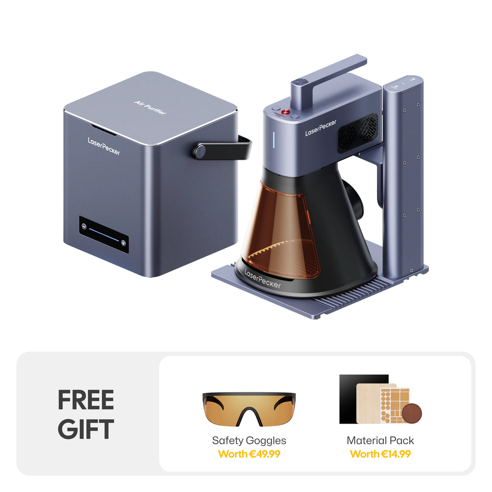LaserPecker LP2 Plus Basic Set, including the main unit plus a free gift of Safety Glasses (worth €49.99) and a materials pack (worth €14.99), providing everything you need to start engraving immediately.