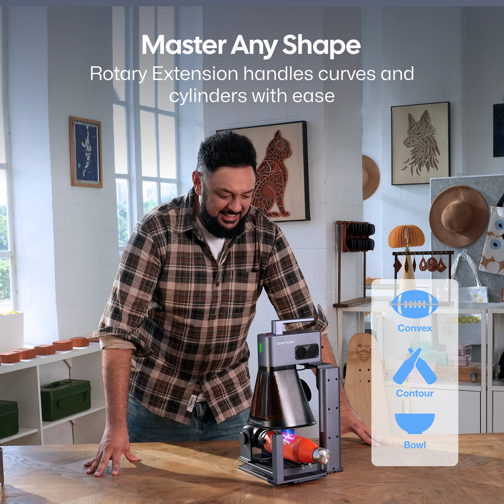 LaserPecker rotary extension enabling easy engraving on curved and cylindrical surfaces, including convex, contoured, and bowl shapes, with the slogan 