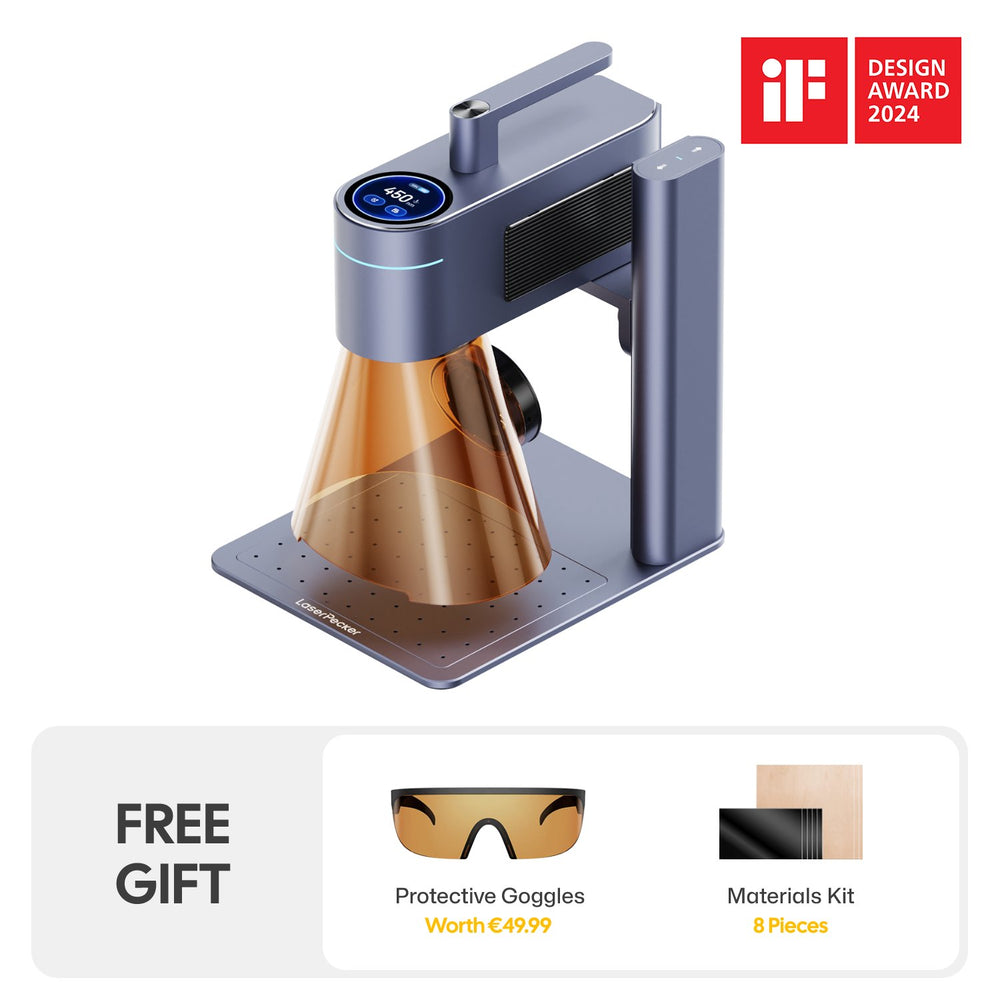 LaserPecker laser engraver LP4, winner of the 2024 iF Design Award, with a free gift of protective goggles (worth €49.99) and an 8-piece materials kit.