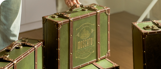 Des valises de style vintage exposées sur une table en bois.