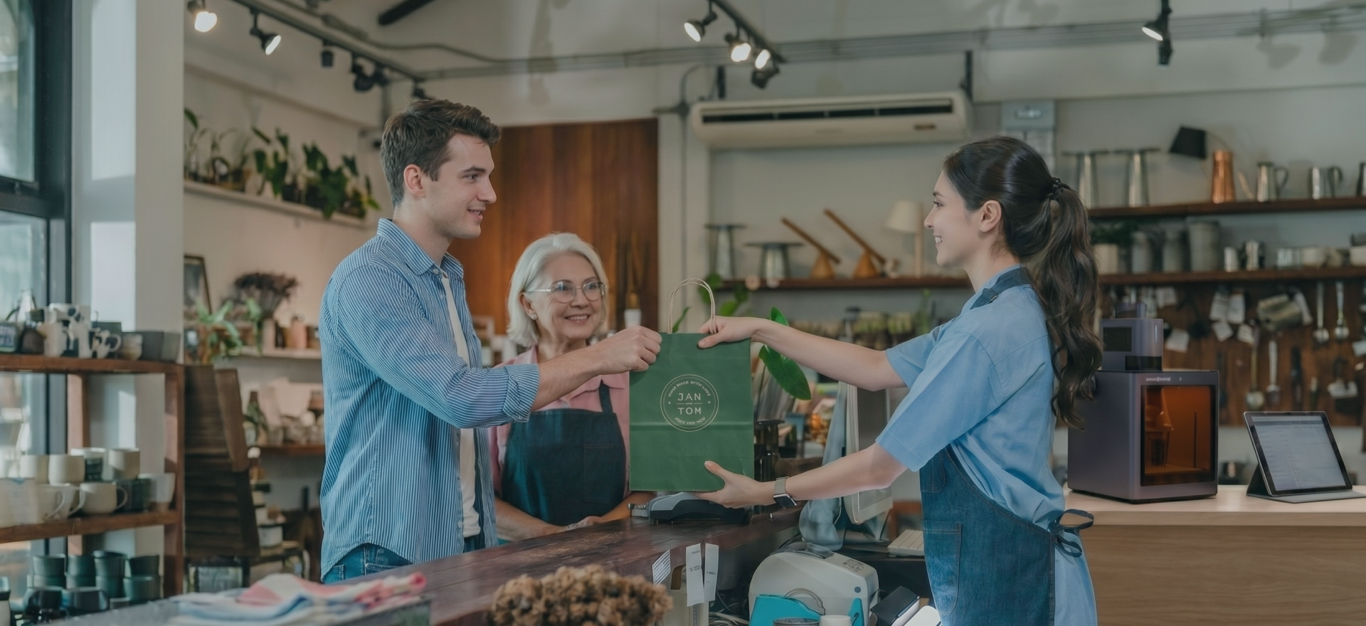 Une femme livre des produits aux clients dans une boutique.