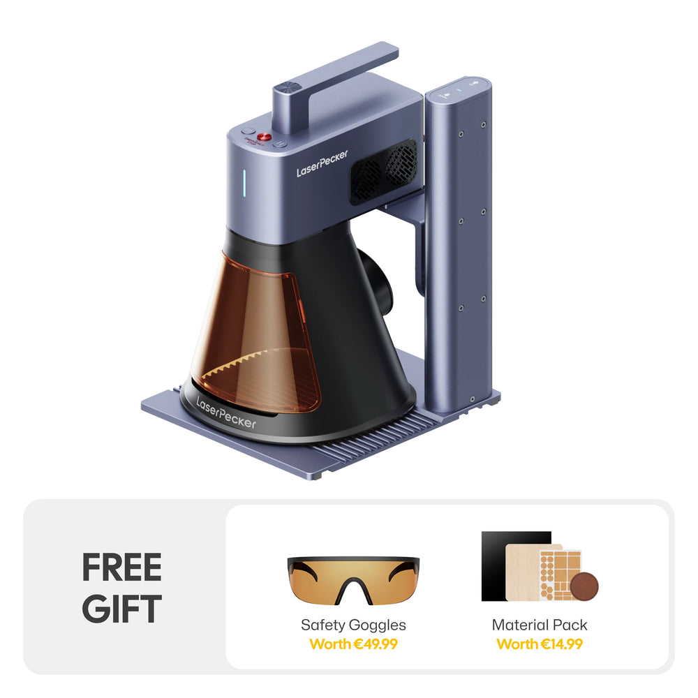 LaserPecker LP2 Plus basic bundle, including the main unit plus a free gift of safety goggles (worth €49,99) and a material pack (worth €14,99), providing everything needed to start engraving immediately.