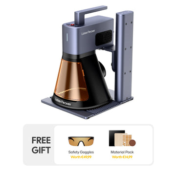 LaserPecker LP2 Plus basic bundle, including the main unit plus a free gift of safety goggles (worth €49,99) and a material pack (worth €14,99), providing everything needed to start engraving immediately.