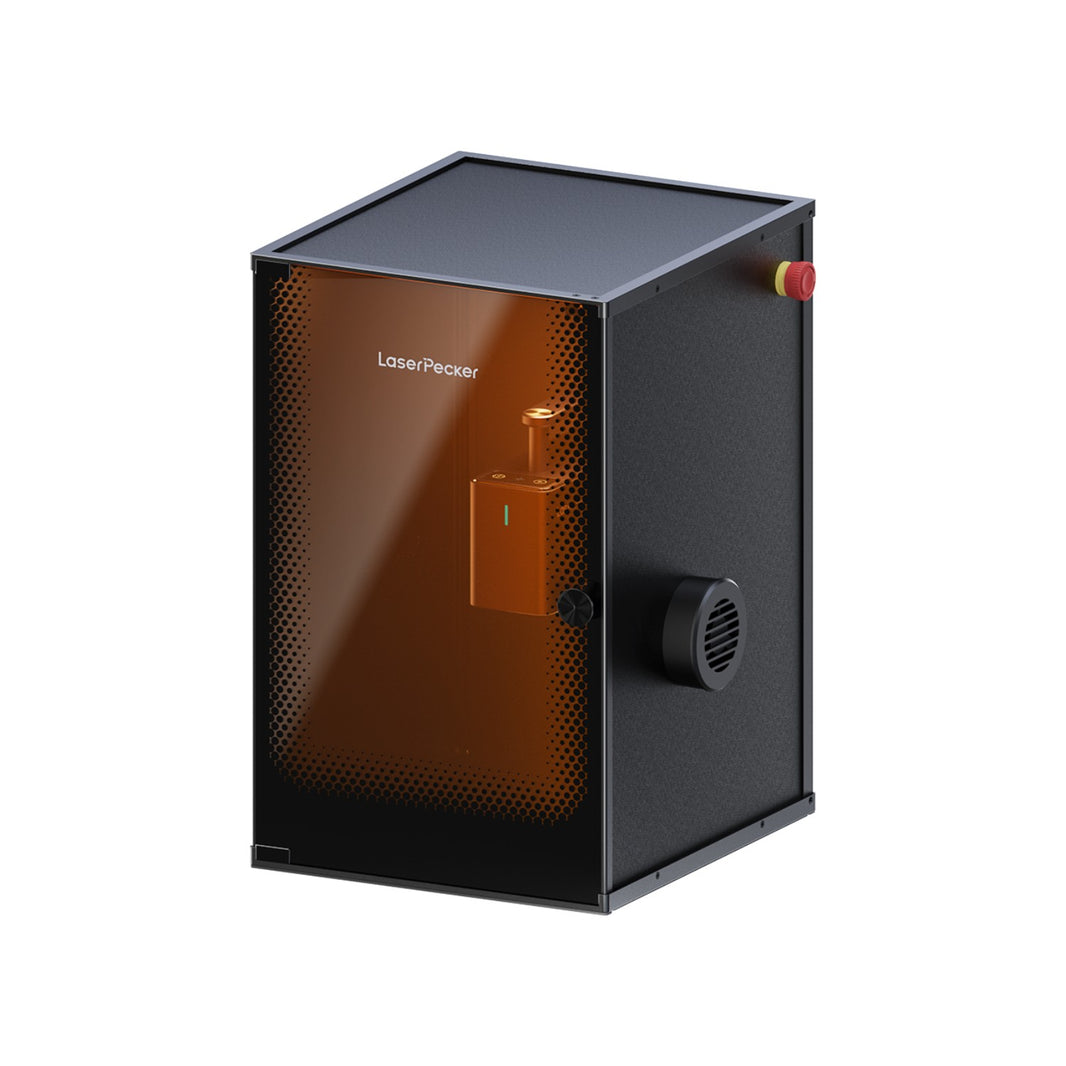 LaserPecker LP2 Safeguard includes the LaserPecker LP2  and a standard enclosure that fully houses it. It features a fully-enclosed design, meets Class 1 Laser Safety standards, and has an emergency stop button and smoke exhaust port for a safe, precise engraving experience.