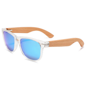Wooden sunglasses with blue lens, transparent frame and original wood arms