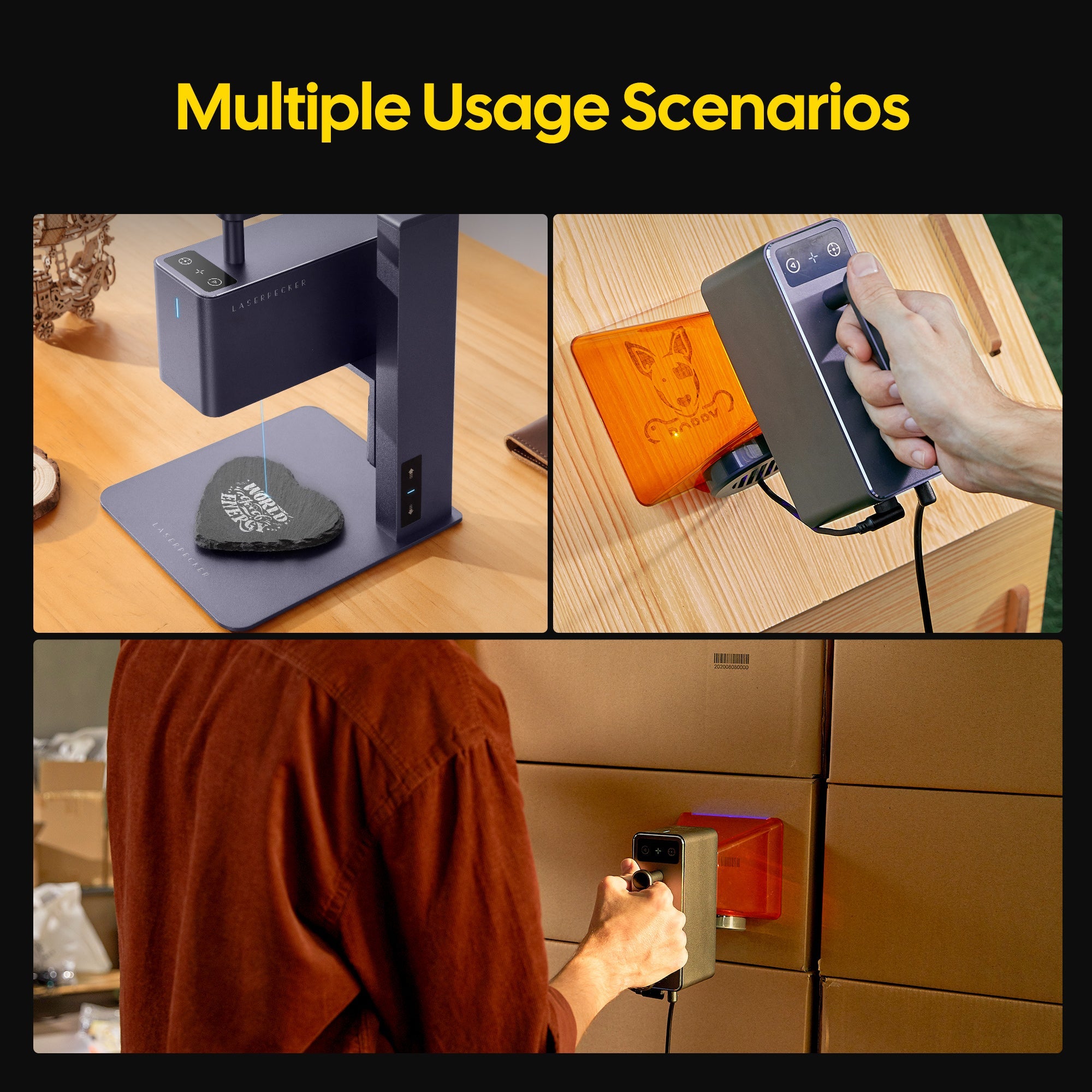Multiple usage scenarios: desktop, handheld and multi-angle engraving