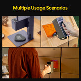 LaserPecker portable laser engraver showcasing its "Multiple Usage Scenarios": engraving a custom design on a slate heart (desktop setup), personalizing a wooden cutting board (handheld), and marking shipping boxes for inventory (industrial use), highlighting its versatility for hobby, small business, and logistics needs.