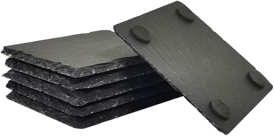 6 Pack Square Black Slate Stone Cup Coasters for Drink Bar Kitchen Home