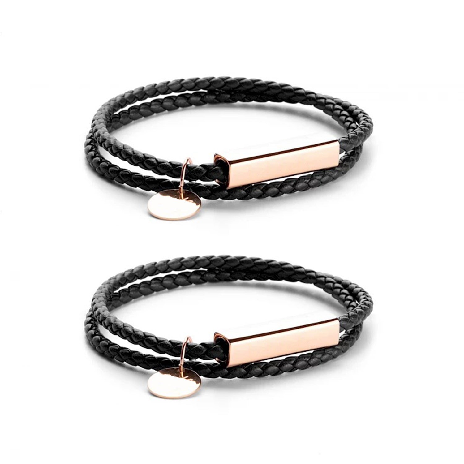 Braided Leather Bracelet with Stainless Steel Rod (2 pcs)