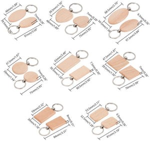 Natural Wooden Blank Keychain Wood - Round, Square, Heart, Oval (1 pack = 8 pcs)