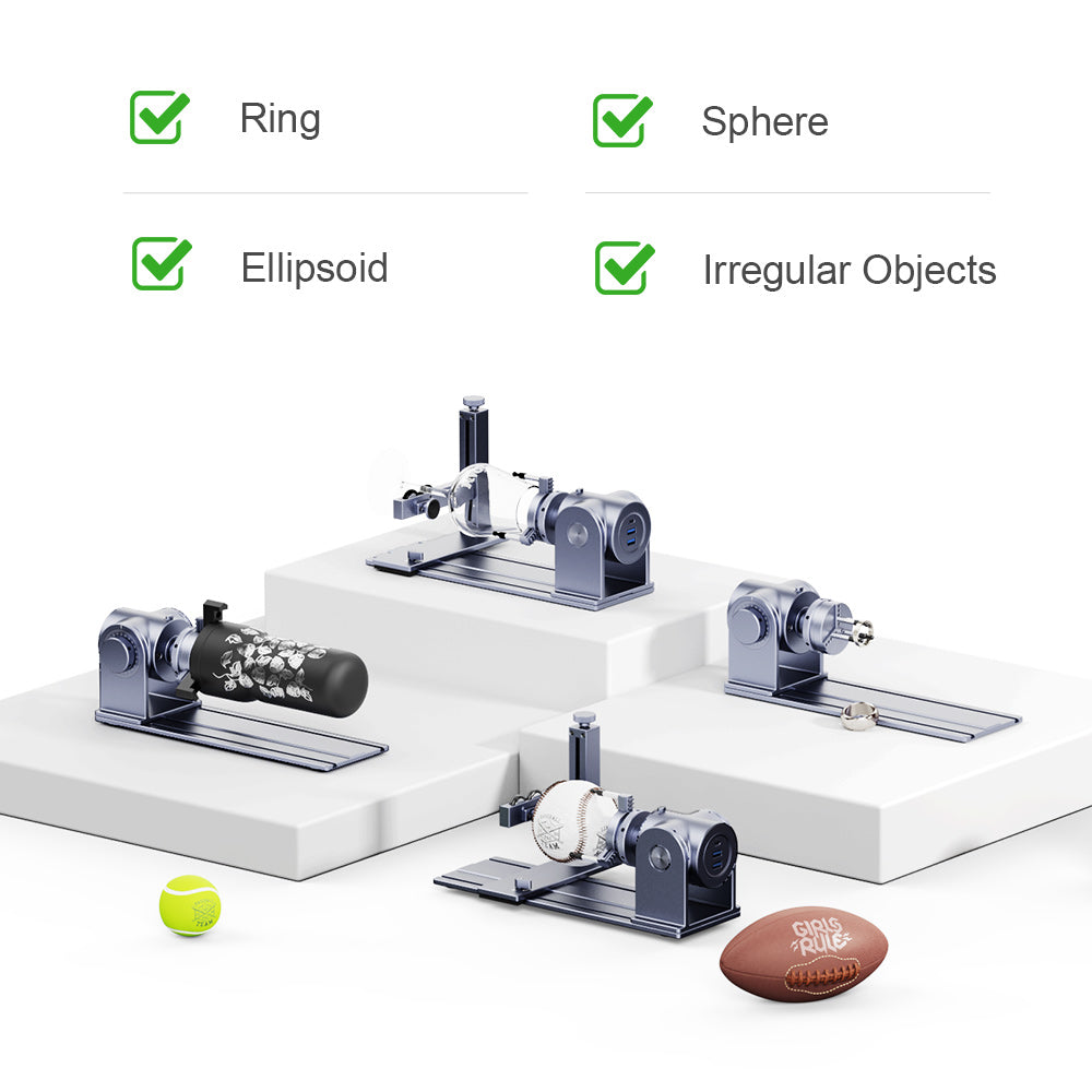 With Rotary Extension you can engrave on ring, sphere, ellipsoid and irregular objects.